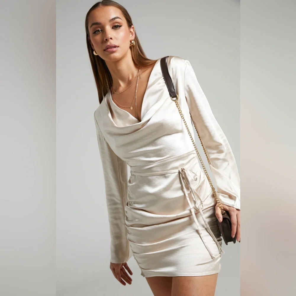 Showpo. | Dresses | Showpo Shane Cowl Neck Long Sleeve Mini Dress In  Champagne Size 2 New With Tag | Poshmark